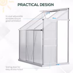 Outsunny 6 x 4ft Lean to Polycarbonate Greenhouse for Outdoor w/ Sliding Door