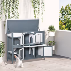 PawHut Two-Tier Wooden Rabbit Hutch w/ Openable Roof, Slide-Out Tray, Ramp