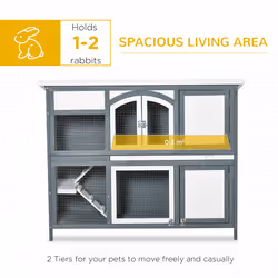 PawHut Two-Tier Wooden Rabbit Hutch w/ Openable Roof, Slide-Out Tray, Ramp