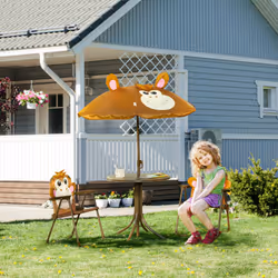 Outsunny Kids Foldable Four-Piece Garden Set w/ Table, Chairs, Umbrella - Brown