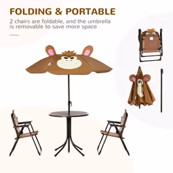 Outsunny Kids Foldable Four-Piece Garden Set w/ Table, Chairs, Umbrella - Brown