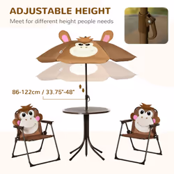 Outsunny Kids Foldable Four-Piece Garden Set w/ Table, Chairs, Umbrella - Brown