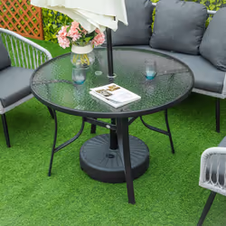 Outsunny 106cm Round Garden Dining Table with Parasol Hole Glass Top