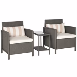 Outsunny 3 PC Outdoor Rattan Sofa Set w/ Chairs Coffee Table Cushion Light Grey - Additional view 8