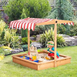 Outsunny Kids Wooden Sandbox Sand Pit Height Adjustable with Canopy Basins