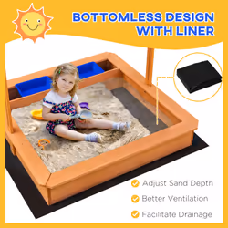 Outsunny Kids Wooden Sandbox Sand Pit Height Adjustable with Canopy Basins