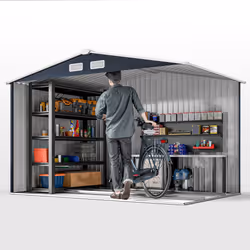 Outsunny 9 x 6FT Galvanised Garden Storage Shed with Sliding Door, Dark Grey
