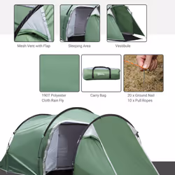 Outsunny 3 Man Camping Tent with Porch and Weather-Resistant Rainfly, Green - Additional view 5
