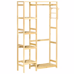 HOMCOM Bamboo Coat Rack w/ Hooks Hanging Rail and Storage Shelf for Entryway