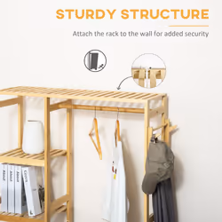 HOMCOM Bamboo Coat Rack w/ Hooks Hanging Rail and Storage Shelf for Entryway - Additional view 5
