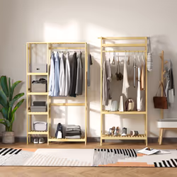 HOMCOM Bamboo Coat Rack w/ Hooks Hanging Rail and Storage Shelf for Entryway - Additional view 8