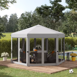 Outsunny 3.2m Pop Up Gazebo Hexagonal Canopy Tent Outdoor w/Sidewalls Light Grey