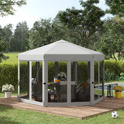 Outsunny 3.2m Pop Up Gazebo Hexagonal Canopy Tent Outdoor w/Sidewalls Light Grey