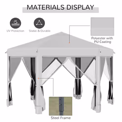Outsunny 3.2m Pop Up Gazebo Hexagonal Canopy Tent Outdoor w/Sidewalls Light Grey