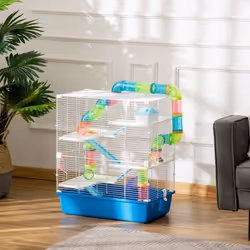 PawHut Hamster Cage w/ Water Bottle, Exercise Wheel, Tubes, Ramps - Blue