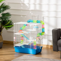 PawHut Hamster Cage w/ Water Bottle, Exercise Wheel, Tubes, Ramps - Blue