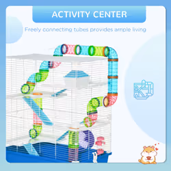 PawHut Hamster Cage w/ Water Bottle, Exercise Wheel, Tubes, Ramps - Blue
