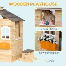 Outsunny Wooden Kids Playhouse w/ Door, Windows, Bench, For Ages 3-7 Years