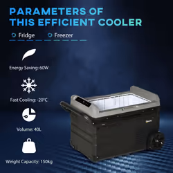 Outsunny 40L Car Refrigerator 12V Portable Freezer w/ Inner LED Light, Wheels