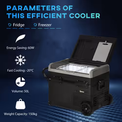 Outsunny 50L Car Refrigerator 12V Portable Freezer w/ Inner LED Light, Wheels