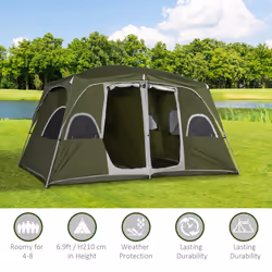 Outsunny Camping Tent, Family Tent 4-8 Person 2 Room Easy Set Up, Green - Additional view 4