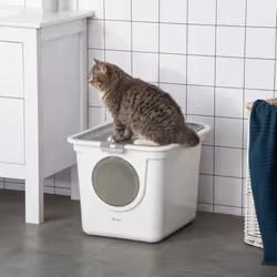 PawHut Cat Litter Tray Pet Litter Box w/ Front Entrance, Top Exit, Scoop - White