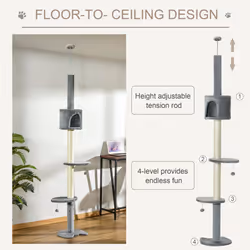 PawHut Cat Tree, Kitten Play Tower w/ Solid Scratching Post, Light Grey - Additional view 5