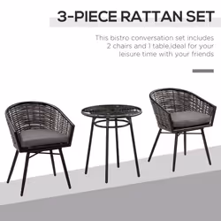 Outsunny 3 PCS Patio Resin Wicker Hand Woven Bistro Set 2 Chairs 1 Coffee Table