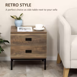 HOMCOM Retro Bedside Table Metal Frame Bedroom Side Table w/ 2 Drawers Coffee