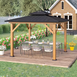 Outsunny 3.5 x 3.5m Wood Frame Hardtop Gazebo w/ Double Vented Roof, Black