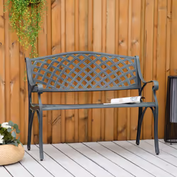 Outsunny Cast Aluminium Garden Bench 2 Seater Antique Park Loveseat, Verdigris