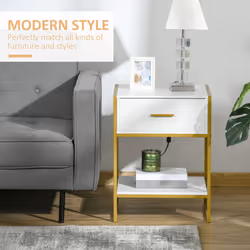 HOMCOM Modern Bedside Table, Nightstand with Drawer Shelf White