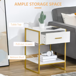 HOMCOM Modern Bedside Table, Nightstand with Drawer Shelf White - Additional view 4