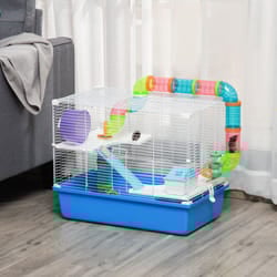 PawHut Hamster Cage w/ Tubes Exercise Wheel, Water Bottle, Food Dish -  Blue