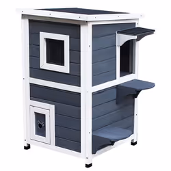 PawHut Wood 2-Floor Cat Condo Pet House Kitten Shelter with Window - Gray