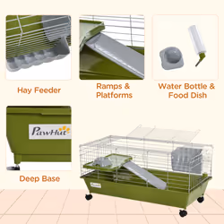 PawHut 89cm Small Animal Cage for Rabbit Guinea Pig w/ Food Dish Green
