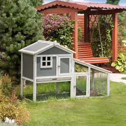 PawHut Two-Tier Rabbit Hutch w/ Sunlight Panel Roof, Slide-Out Tray - Grey