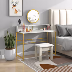 HOMCOM Dressing Table Vanity Makeup Desk W/ Faux Marble and Steel Frame White
