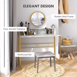 HOMCOM Dressing Table Vanity Makeup Desk W/ Faux Marble and Steel Frame White