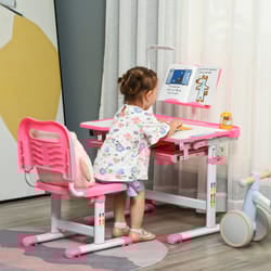 HOMCOM Kids Study Desk and Chair Set w/ USB Lamp, Adjustable Height, Pink