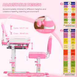 HOMCOM Kids Study Desk and Chair Set w/ USB Lamp, Adjustable Height, Pink