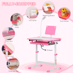 HOMCOM Kids Study Desk and Chair Set w/ USB Lamp, Adjustable Height, Pink