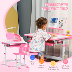 HOMCOM Kids Study Desk and Chair Set w/ USB Lamp, Adjustable Height, Pink - Additional view 6