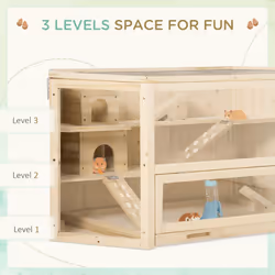 PawHut 3 Tier Wooden Hamster Cage Gerbil Play Centre w/ Sliding Tray Ramps