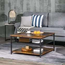 HOMCOM Industrial Coffee Table, Cocktail Table W/ Storage Shelves, Rustic Brown