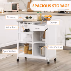 HOMCOM Kitchen Trolley Utility Cart W/ Wheel Wine Rack Open Shelf and Cabinet