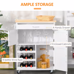 HOMCOM Rolling Kitchen Island Trolley Storage Cart with Rubberwood Top Wine Rack