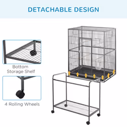 PawHut Rolling Bird Cage w/ Detachable stand Storage Shelf  Wood Perch Food Cup - Additional view 4