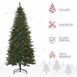 HOMCOM 7ft Artificial Christmas Tree Holiday with Pencil Shape, Berries