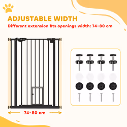 PawHut Extra Tall Dog Gate with Cat Door Auto Close for Stairs 74-80 cm Wide
